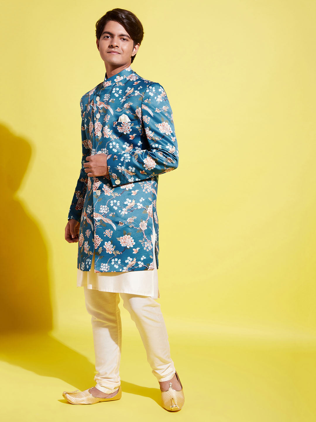 VASTRAMAY Boys' Multicolored-Base-Turquoise Indowestern Set - qivii