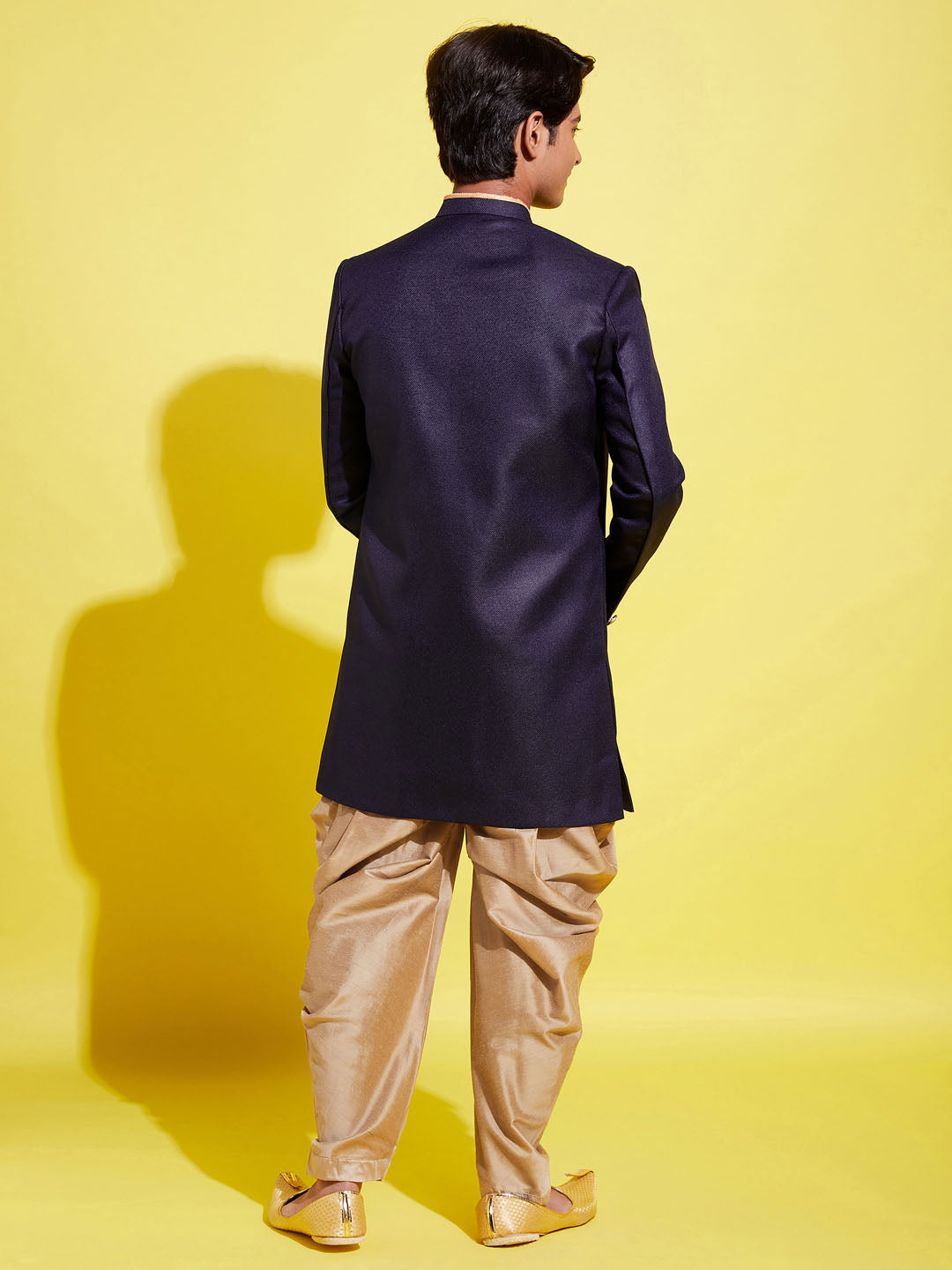 VASTRAMAY Boys Navy Blue And Rose Gold Indowestern Set - qivii