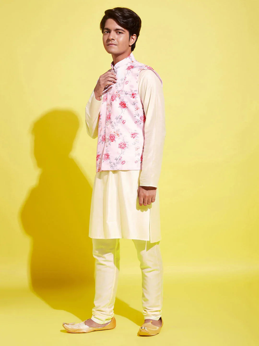Boy's Peach Floral Printed Nehru Jacket With Cream Kurta And Pyjama Set