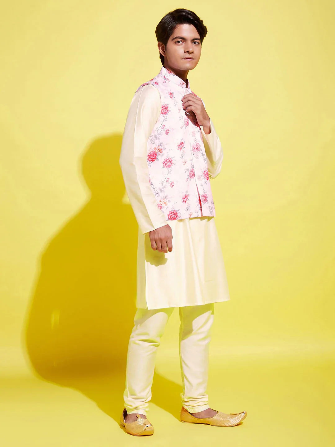 Boy's Peach Floral Printed Nehru Jacket With Cream Kurta And Pyjama Set