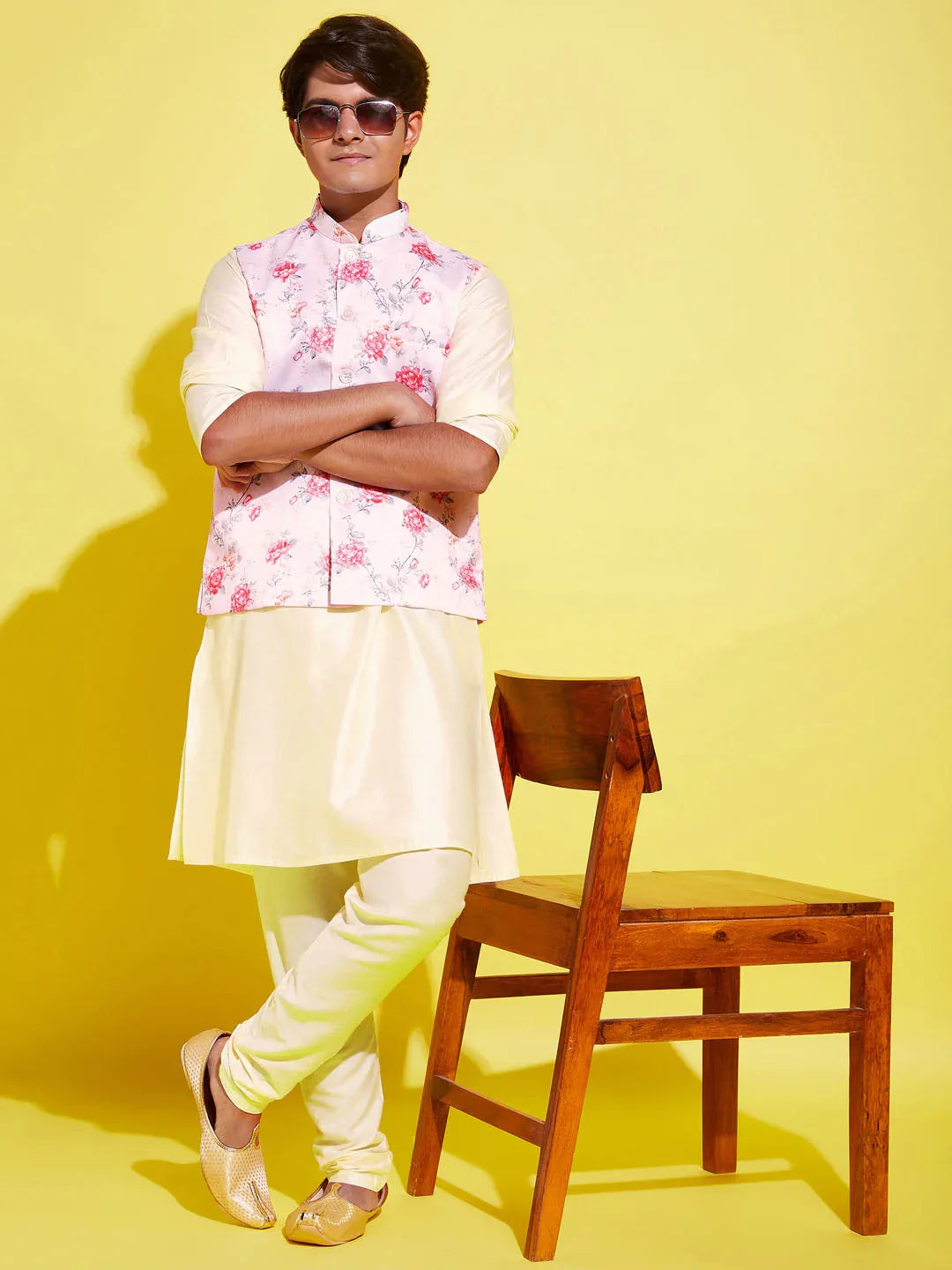 Boy's Peach Floral Printed Nehru Jacket With Cream Kurta And Pyjama Set