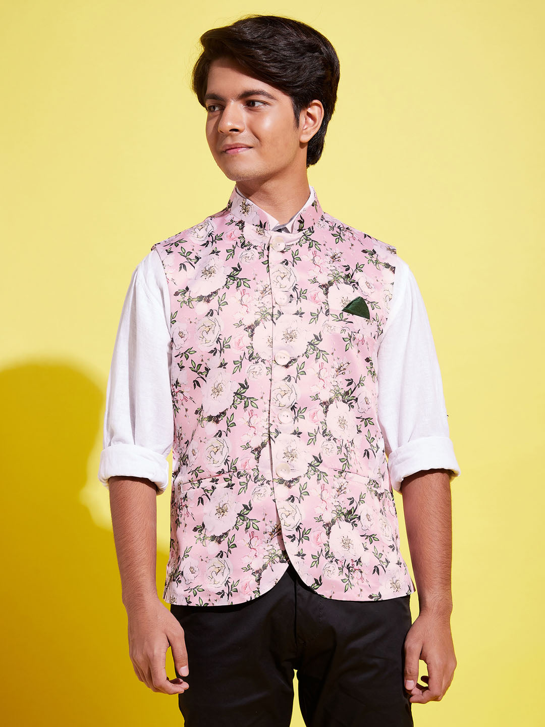 VASTRAMAY Boys Multicolor-Base-Pink Floral Printed Nehru Jacket - qivii