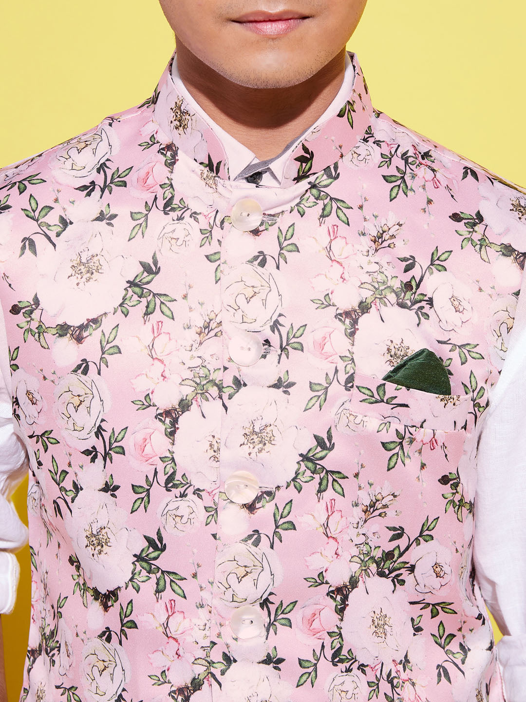 VASTRAMAY Boys Multicolor-Base-Pink Floral Printed Nehru Jacket - qivii