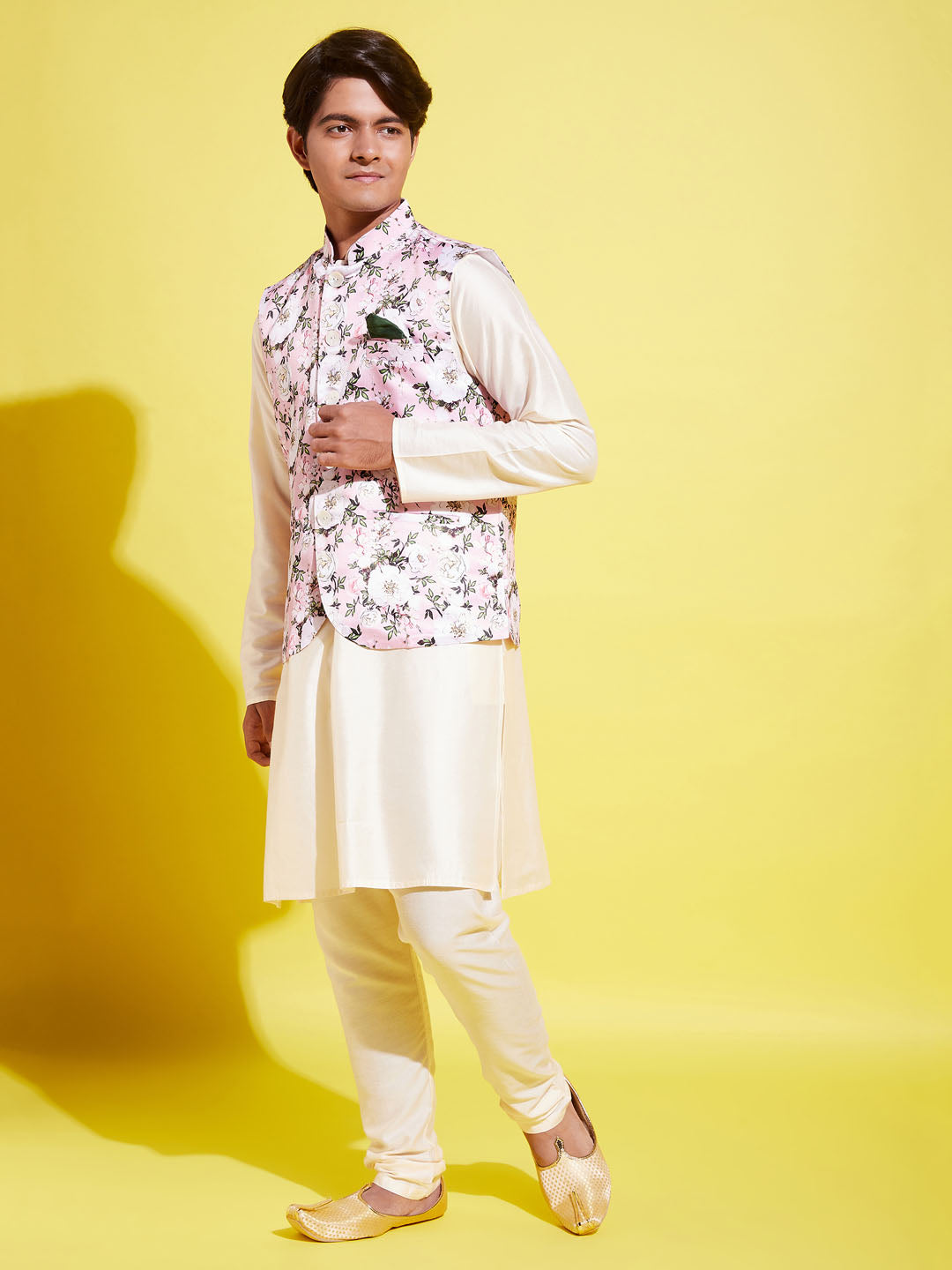 VASTRAMAY Boys Pink Floral Printed Nehru Jacket With Cream Kurta And Pyjama Set - qivii