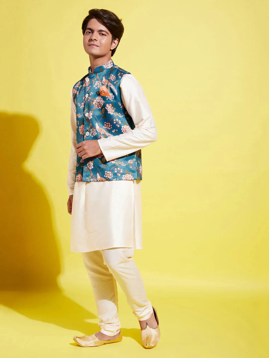 Boy's Turquoise Blue & Green Printed Nehru Jacket With Creamkurta And Pyjama Set