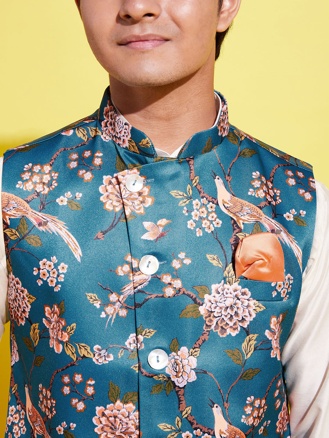 VASTRAMAY Boys Turquoise Blue & Green Printed Nehru Jacket With CreamKurta And Pyjama Set - qivii