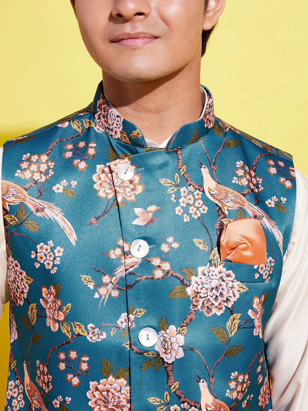 Boy's Turquoise Blue & Green Printed Nehru Jacket With Creamkurta And Pyjama Set