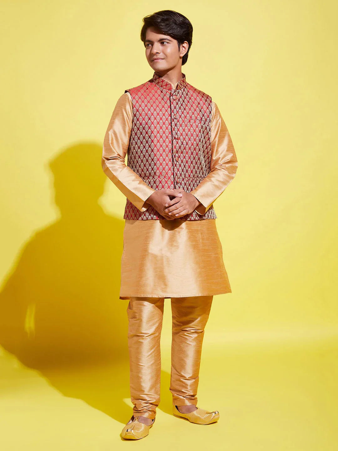 Boy's' Rose Gold Silk Blend Kurt Pyjama And Maroon Nehru Jacket Set