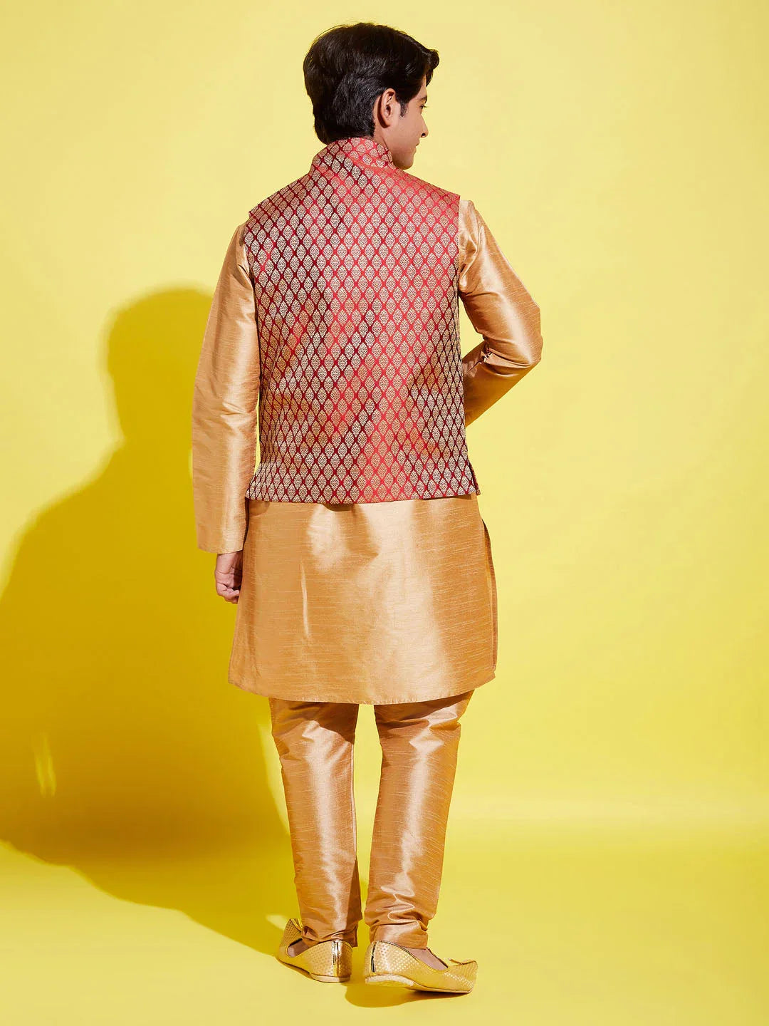 Boy's' Rose Gold Silk Blend Kurt Pyjama And Maroon Nehru Jacket Set