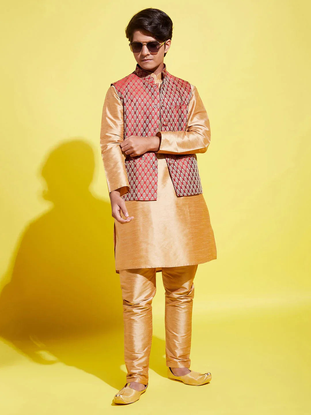 Boy's' Rose Gold Silk Blend Kurt Pyjama And Maroon Nehru Jacket Set
