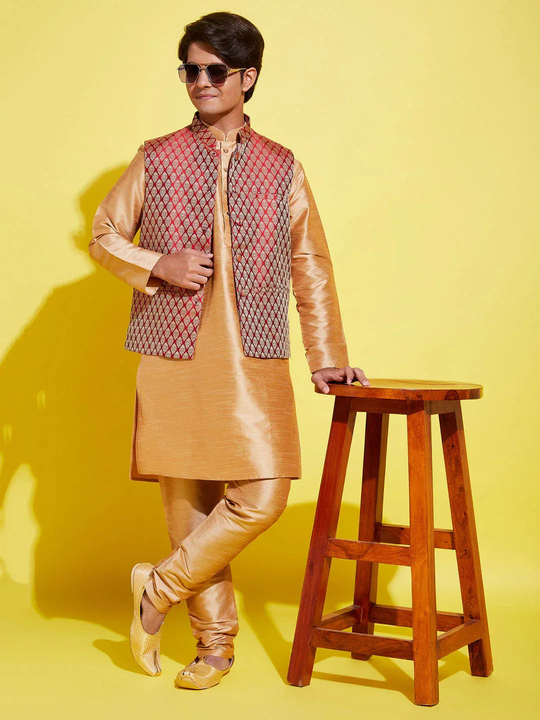 Boy's' Rose Gold Silk Blend Kurt Pyjama And Maroon Nehru Jacket Set