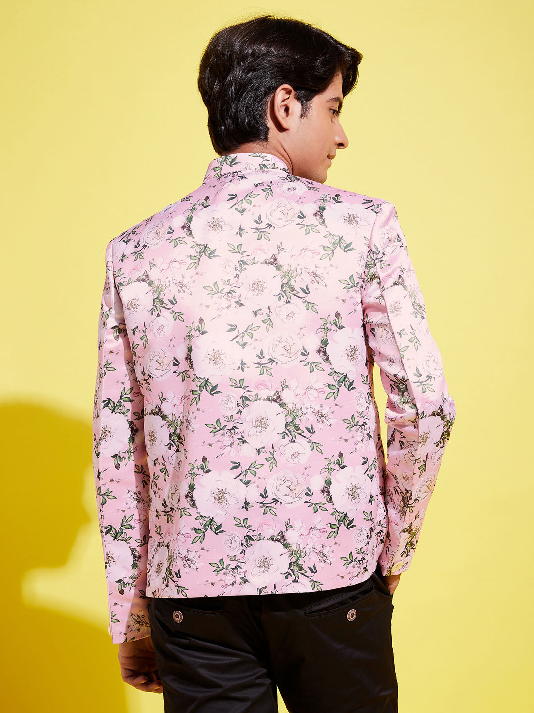 VASTRAMAY Boy's Floral Printed Pink Bandhgala Prince Coat Jodhpuri - qivii