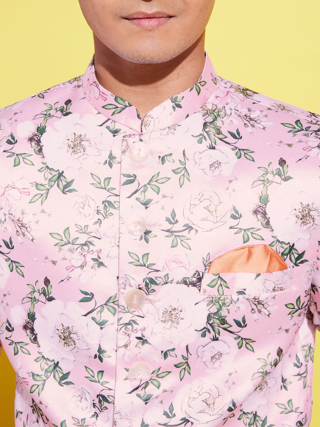 VASTRAMAY Boy's Floral Printed Pink Bandhgala Prince Coat Jodhpuri - qivii