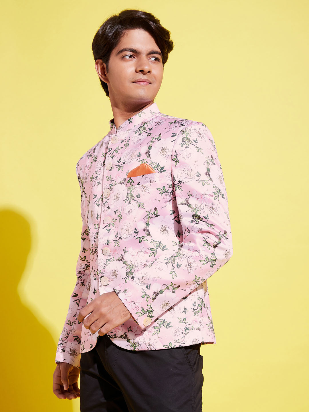 VASTRAMAY Boy's Floral Printed Pink Bandhgala Prince Coat Jodhpuri - qivii