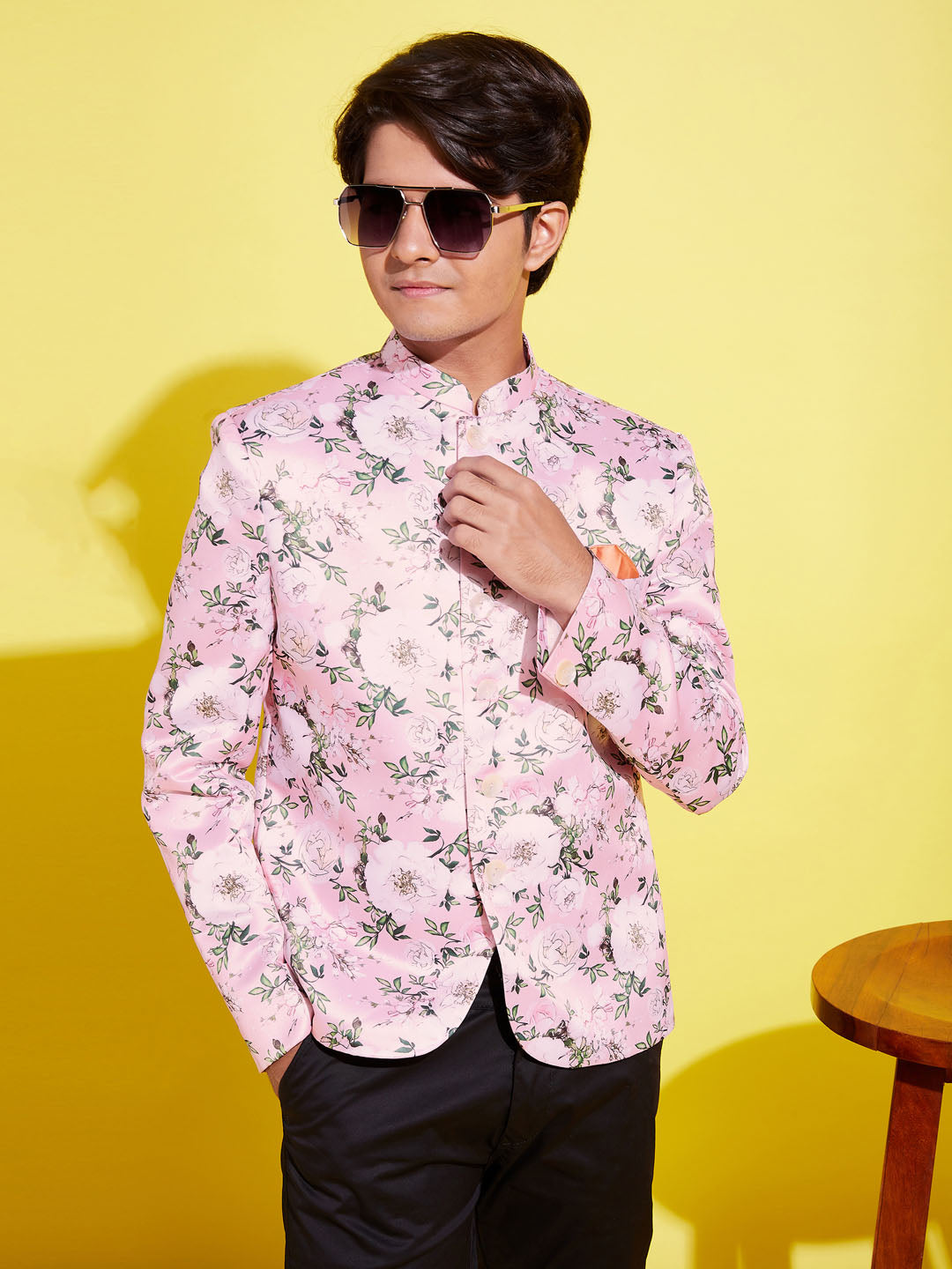 VASTRAMAY Boy's Floral Printed Pink Bandhgala Prince Coat Jodhpuri - qivii