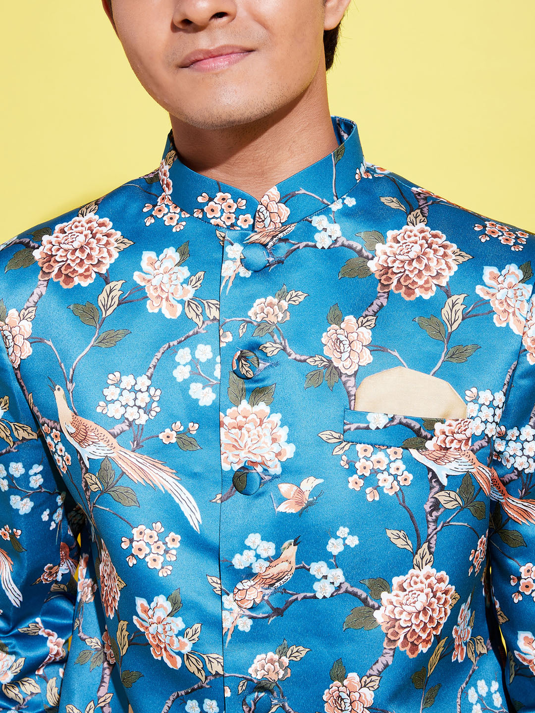 VASTRAMAY Boys Turquoise Blue Printed Bandhgala Blazer - qivii