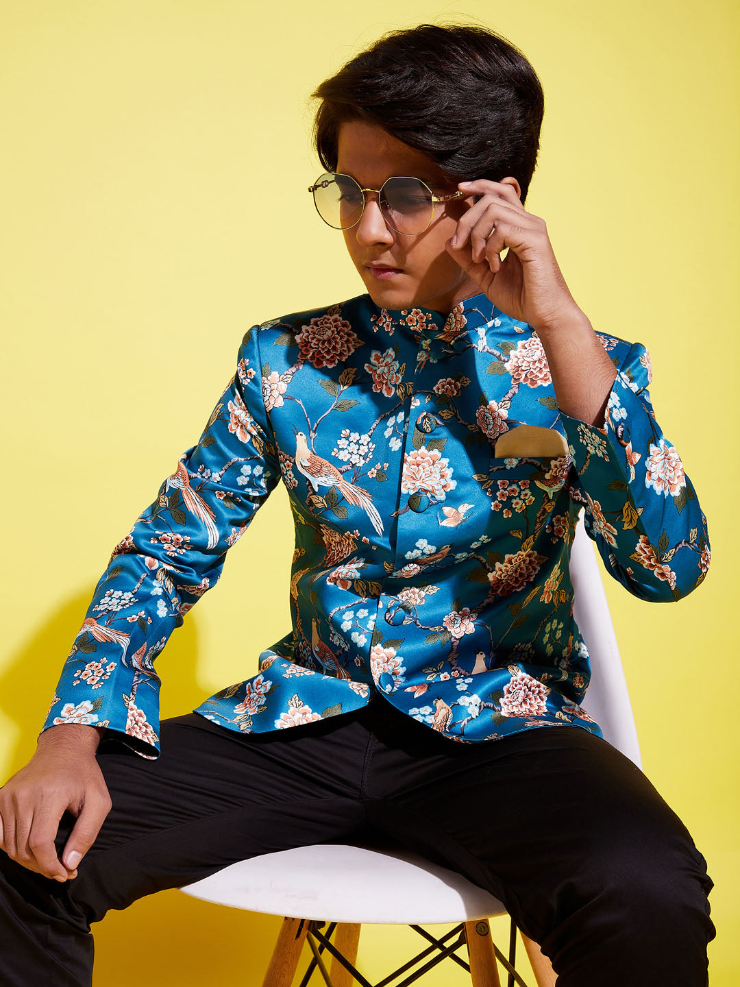 VASTRAMAY Boys Turquoise Blue Printed Bandhgala Blazer - qivii