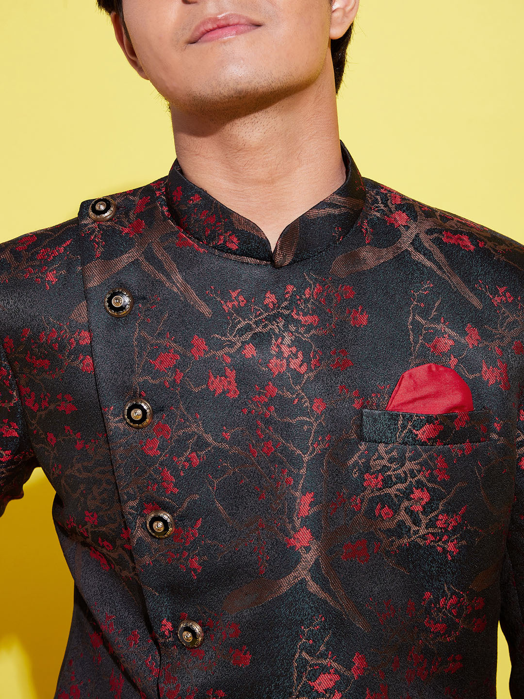 VASTRAMAY Boys Maroon Woven Design Silk Blend Bandhgala Blazer - qivii