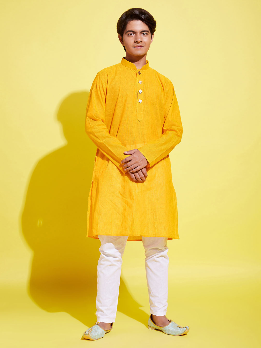 VASTRAMAY Boy's Yellow Cotton Kurta and Pyjama Set - qivii