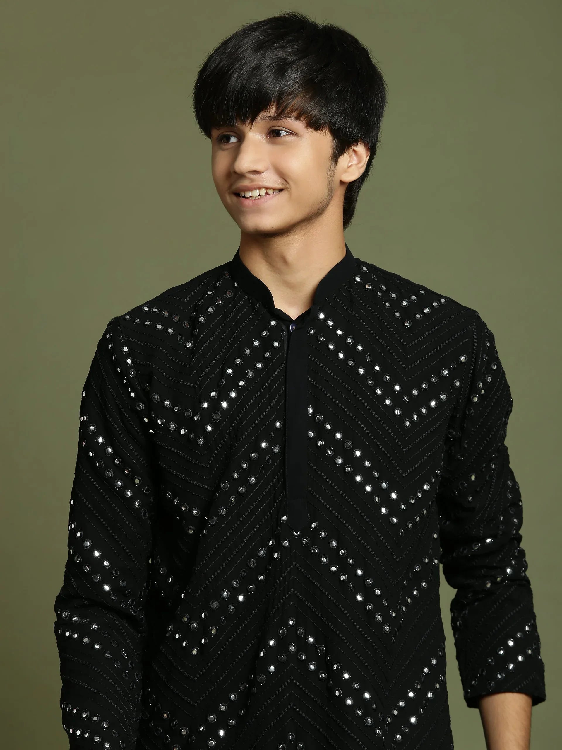 Boy's Black Mirror Work Georgette Kurta And Pyjama Set
