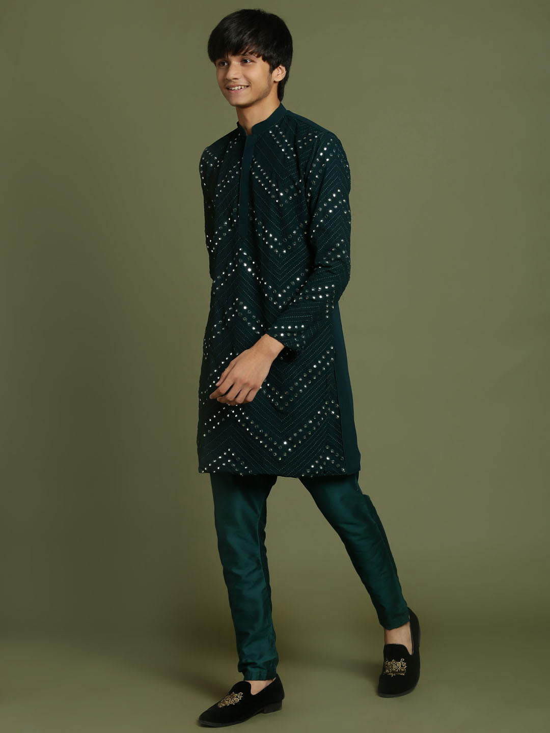VASTRAMAY Boys Green Mirror Work Georgette Kurta And Pyjama Set - qivii