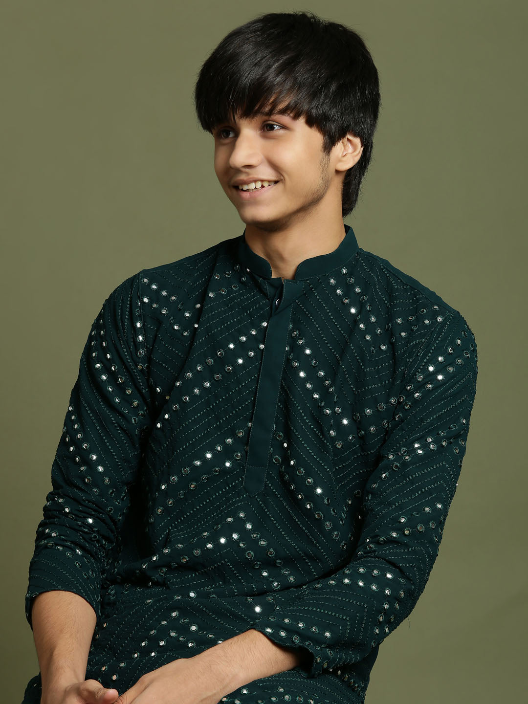 VASTRAMAY Boys Green Mirror Work Georgette Kurta And Pyjama Set - qivii