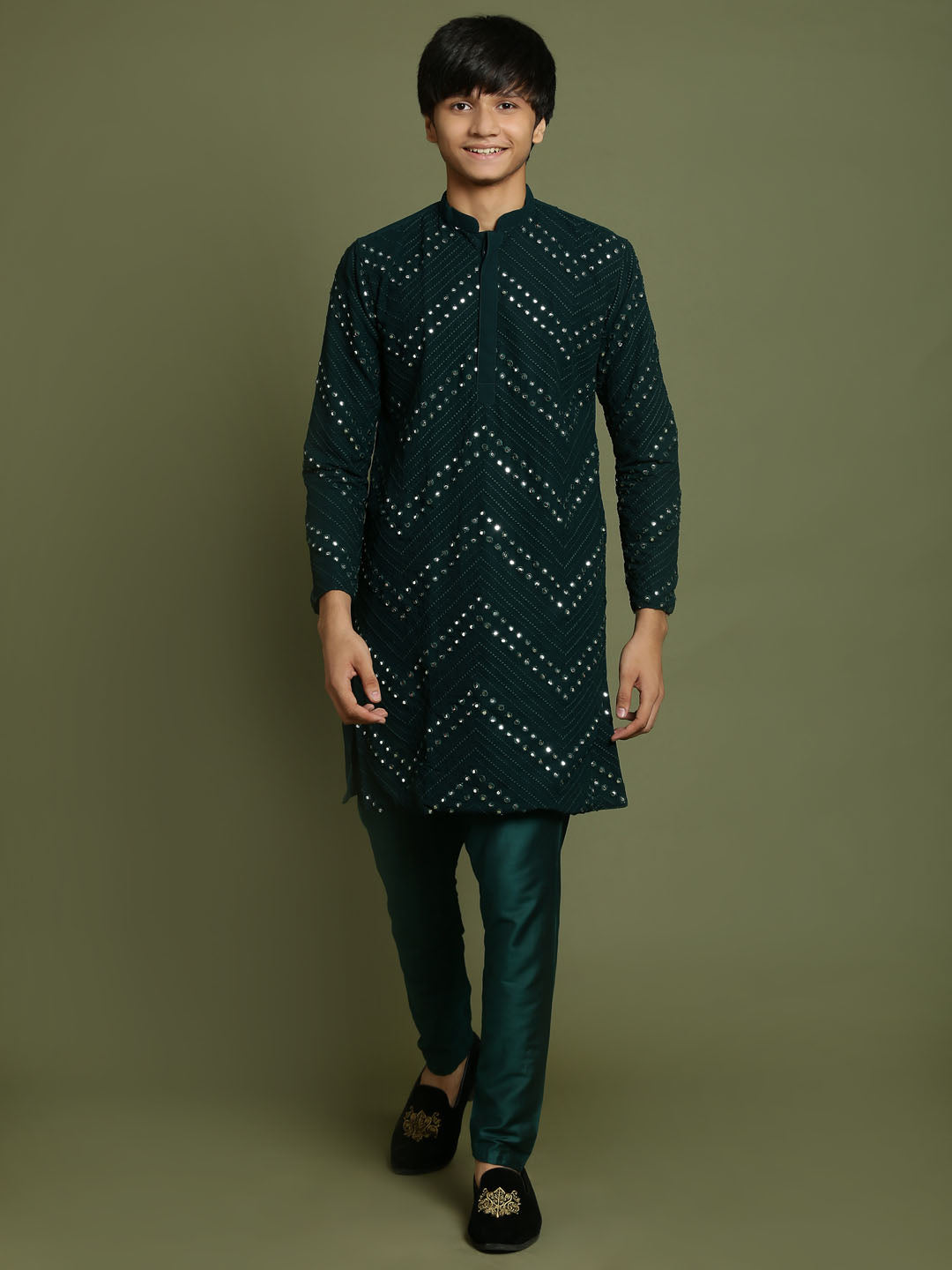 VASTRAMAY Boys Green Mirror Work Georgette Kurta And Pyjama Set - qivii