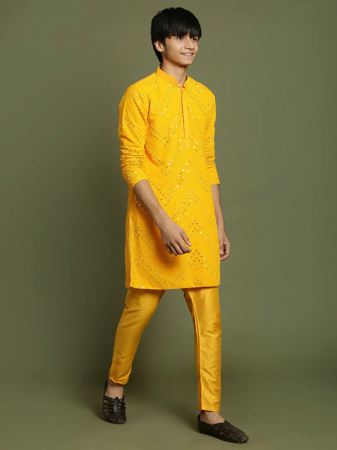Boy's Yellow Mirror Work Georgette Kurta And Pyjama Set