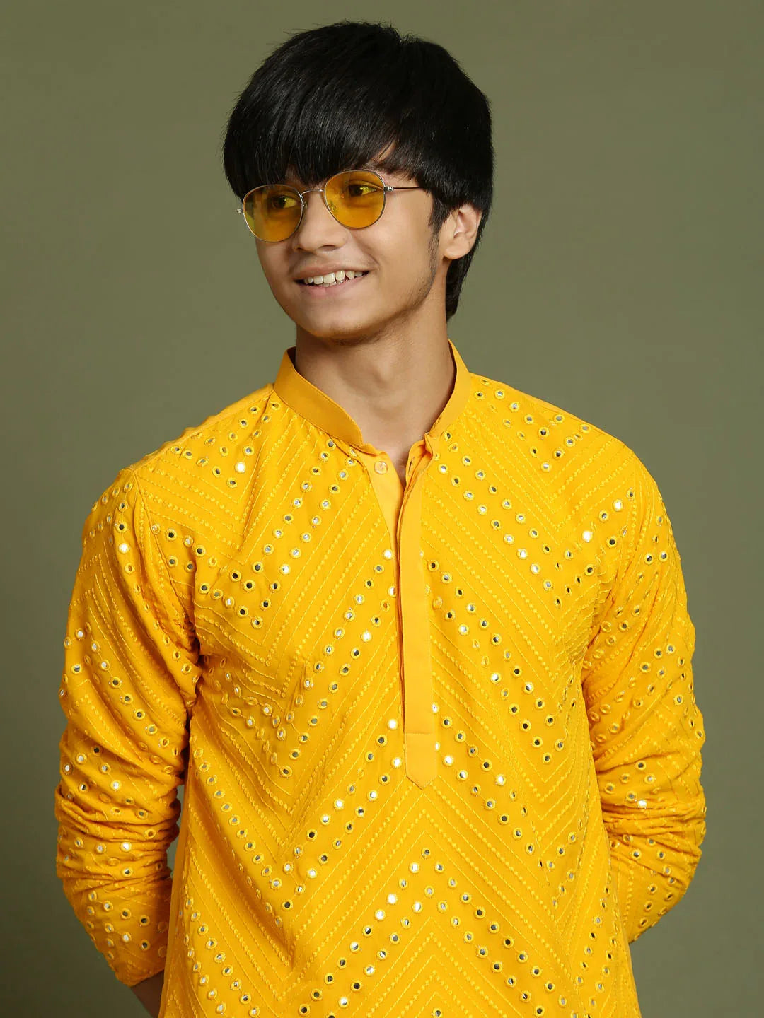 Boy's Yellow Mirror Work Georgette Kurta And Pyjama Set