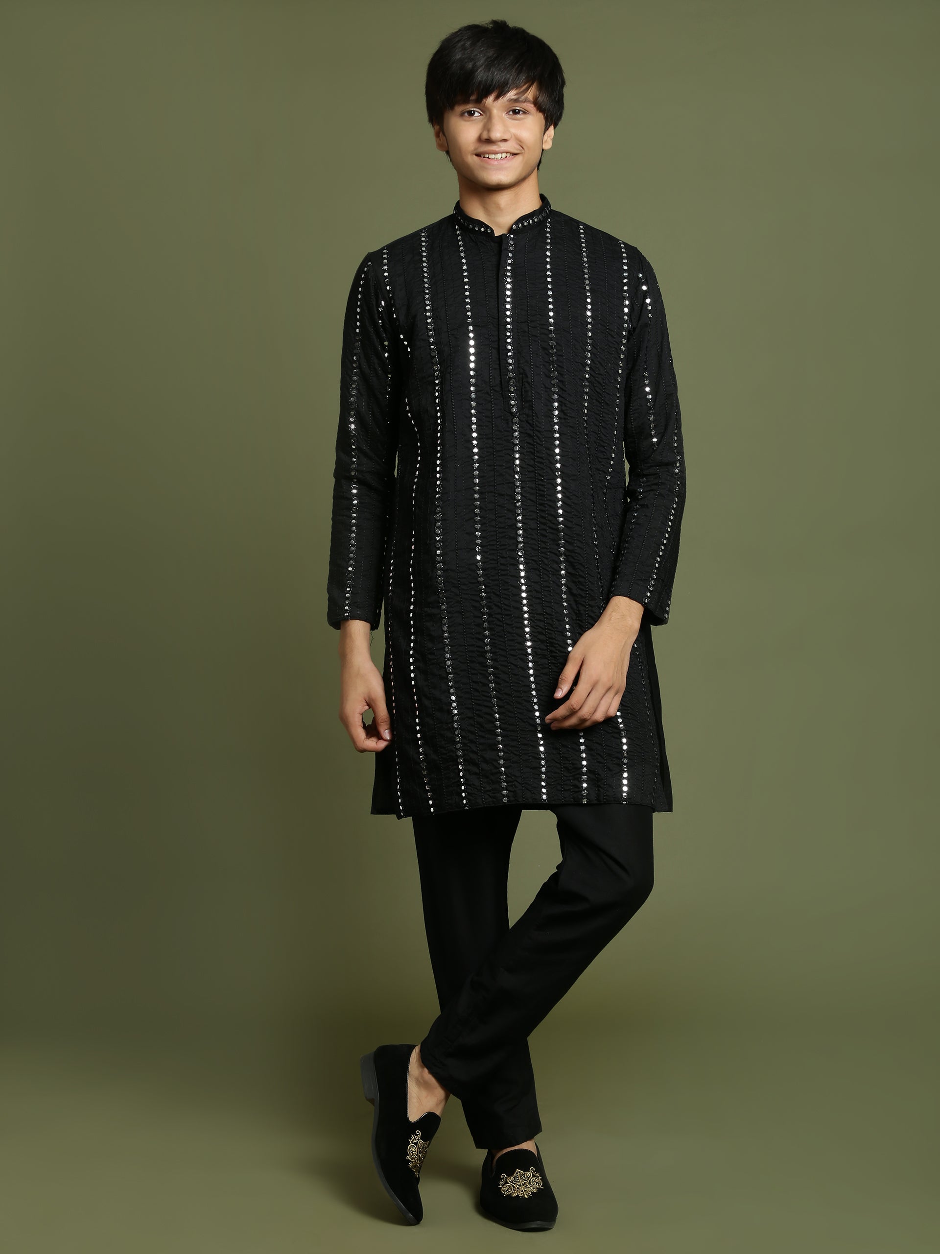 VASTRAMAY Boys Black Mirror Work Viscose Kurta And Pyjama Set - qivii