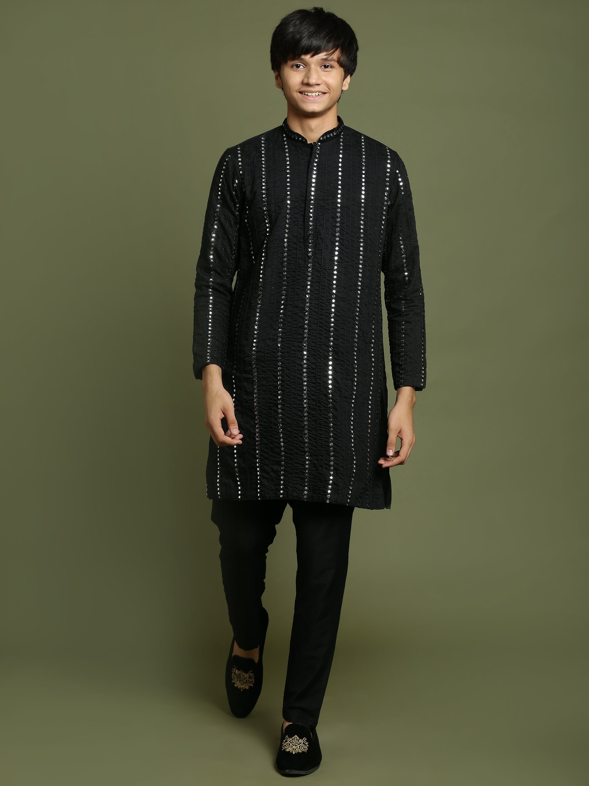 VASTRAMAY Boys Black Mirror Work Viscose Kurta And Pyjama Set - qivii