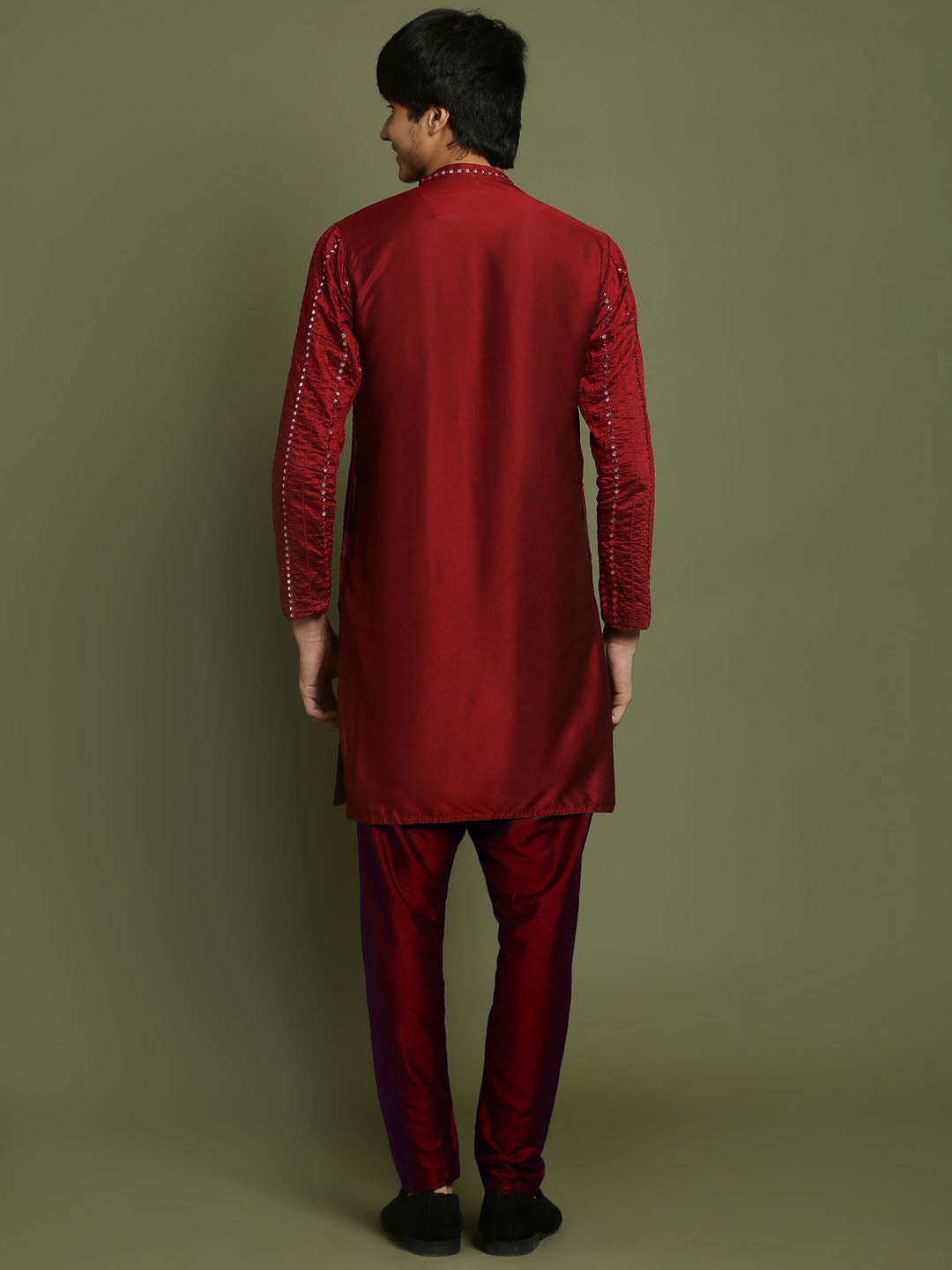 VASTRAMAY Boys maroon Embroidered Vertical Mirror Work Kurta With Pyjama Set - qivii