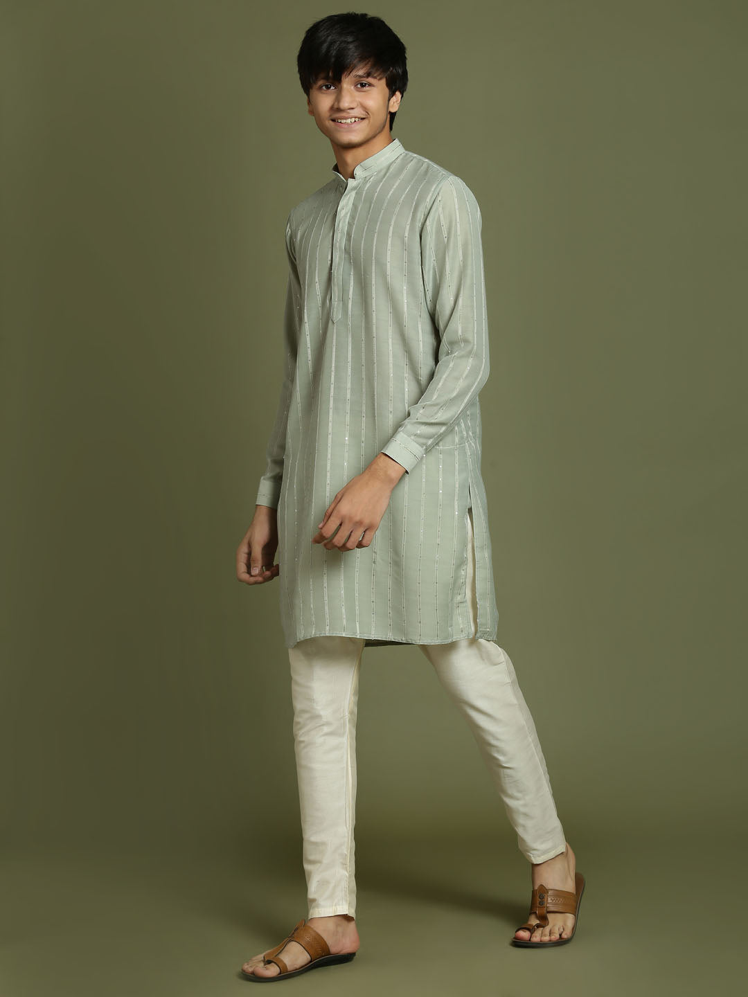 VASTRAMAY Boys' Green Striped With Sequin Worked Kurta Pyjama Set - qivii