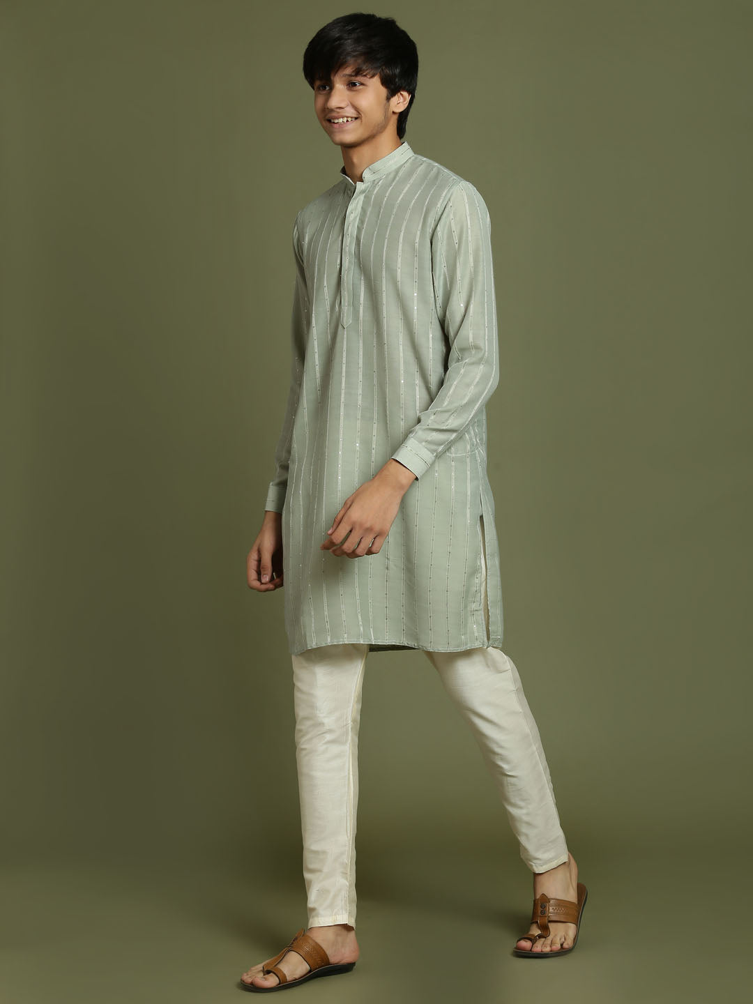 VASTRAMAY Boys' Green Striped With Sequin Worked Kurta Pyjama Set - qivii