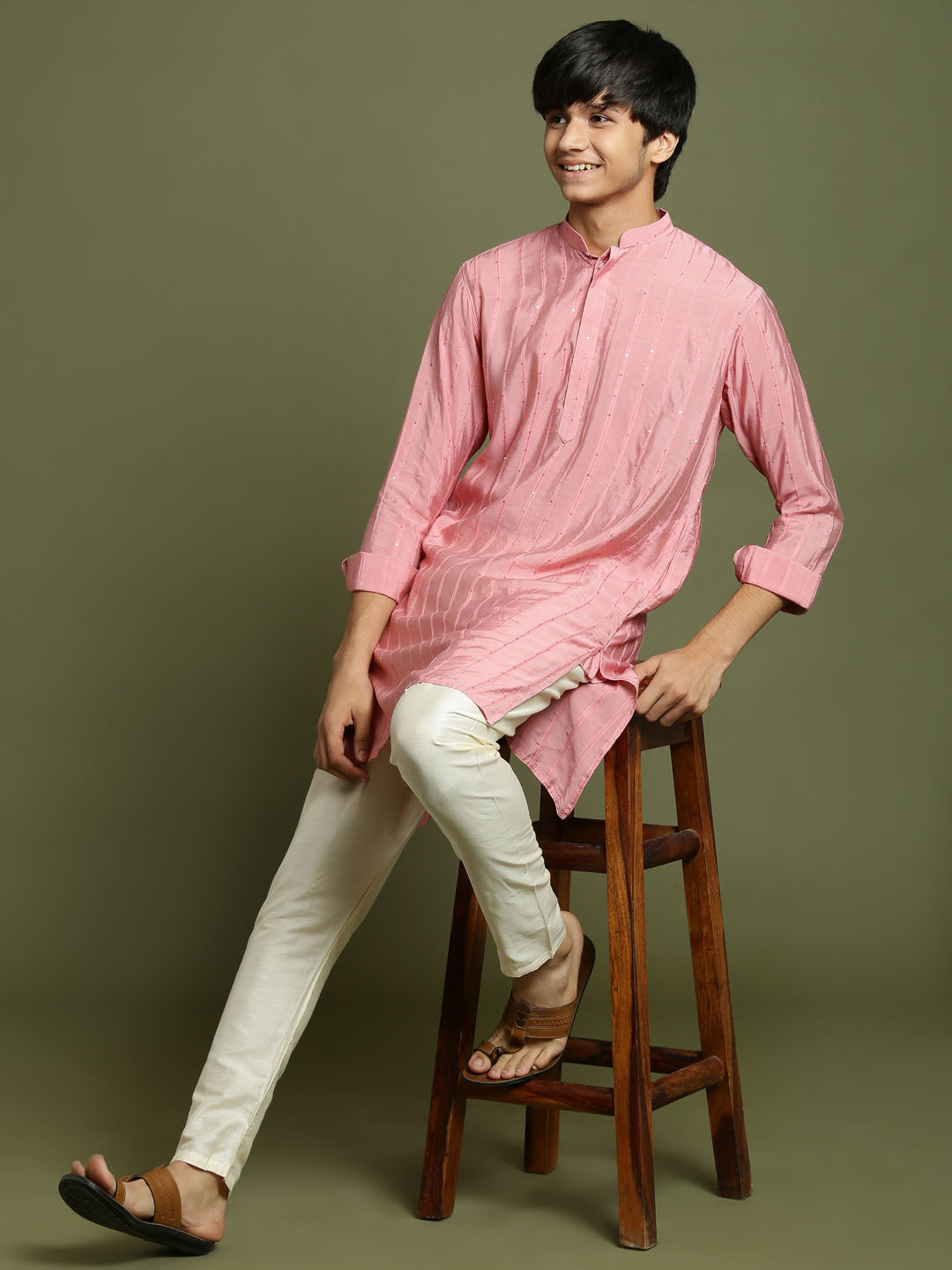 VASTRAMAY Boys' Purple Striped With Sequin Worked Kurta Pyjama Set - qivii