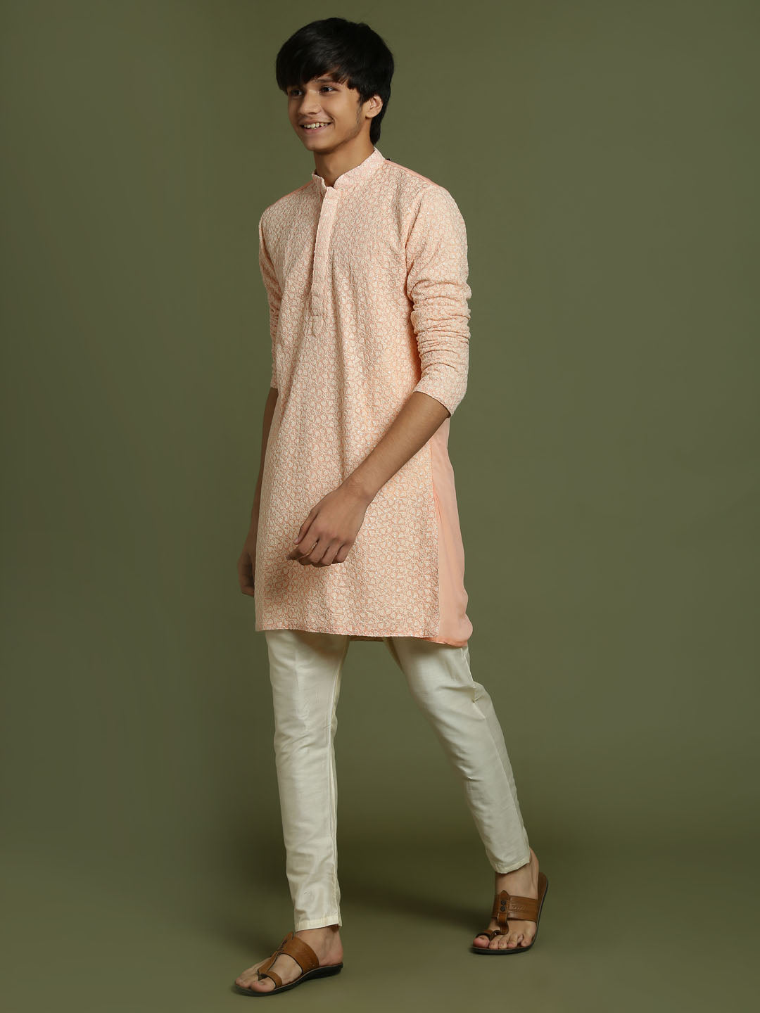 VASTRAMAY Boys' Pink Georgette Chikankari Kurta Pyjama Set - qivii