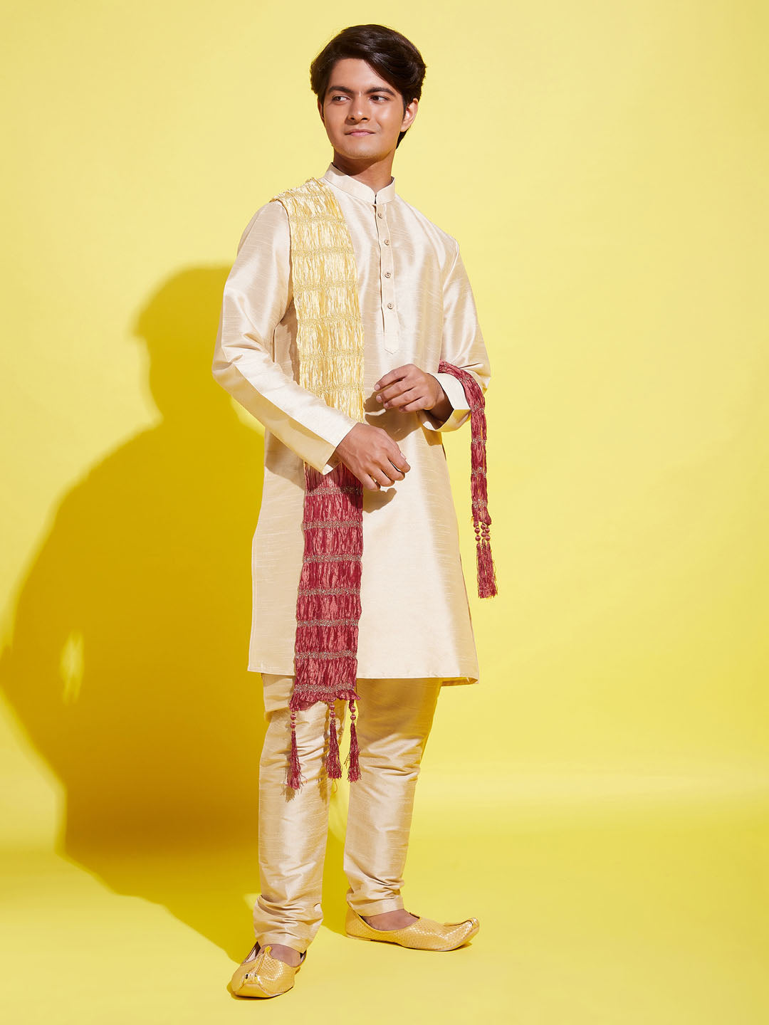 VASTRAMAY Boys' Gold Silk Blend Kurta, Pyjama & Dupatta Set - qivii