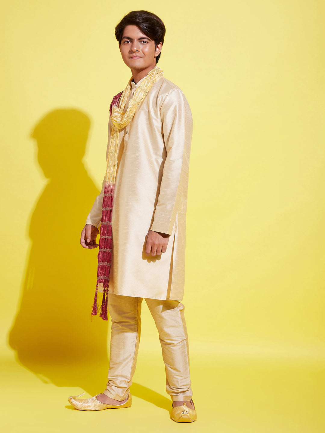VASTRAMAY Boys' Gold Silk Blend Kurta, Pyjama & Dupatta Set - qivii