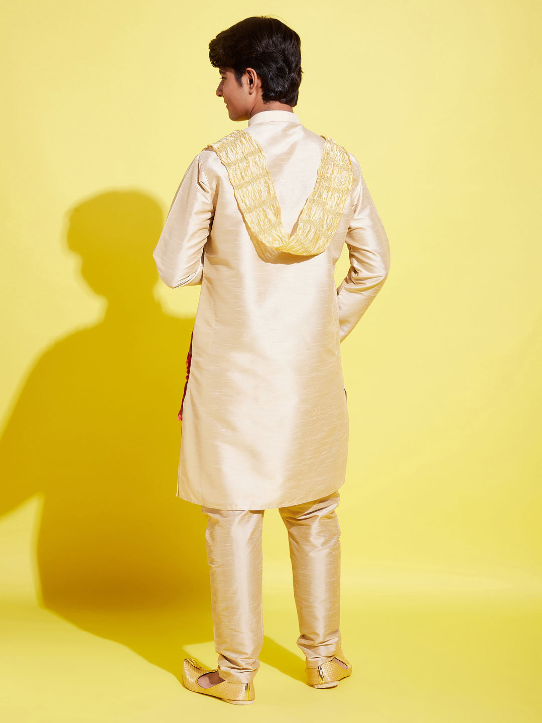 VASTRAMAY Boys' Gold Silk Blend Kurta, Pyjama & Dupatta Set - qivii