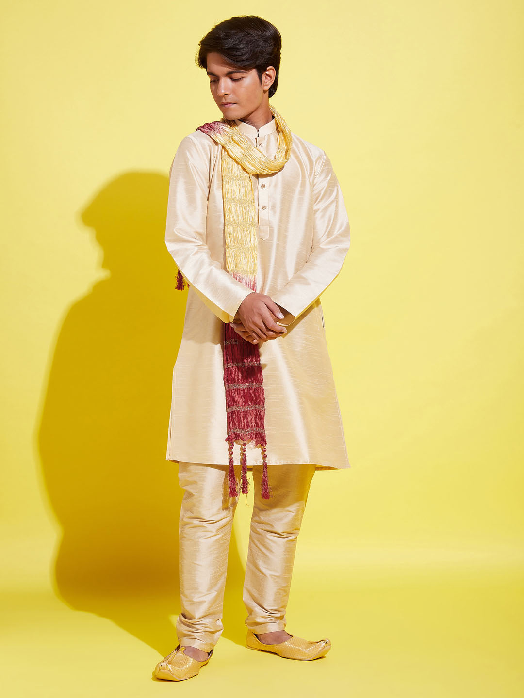 VASTRAMAY Boys' Gold Silk Blend Kurta, Pyjama & Dupatta Set - qivii