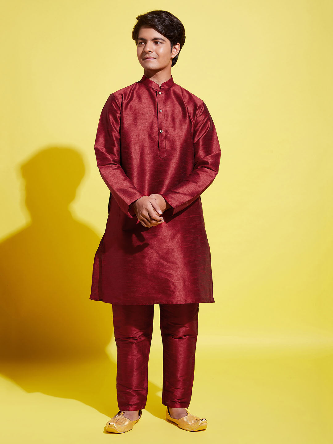 VASTRAMAY Boys' Maroon Silk Blend Kurta and Pyjama Set - qivii