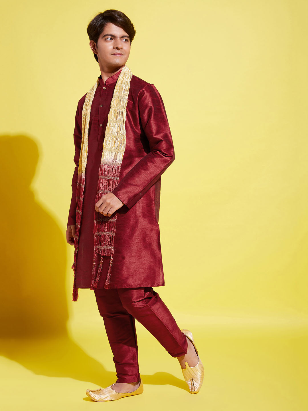 VASTRAMAY Boys' Maroon Cotton Silk Kurta, Pyjama & Dupatta Set - qivii