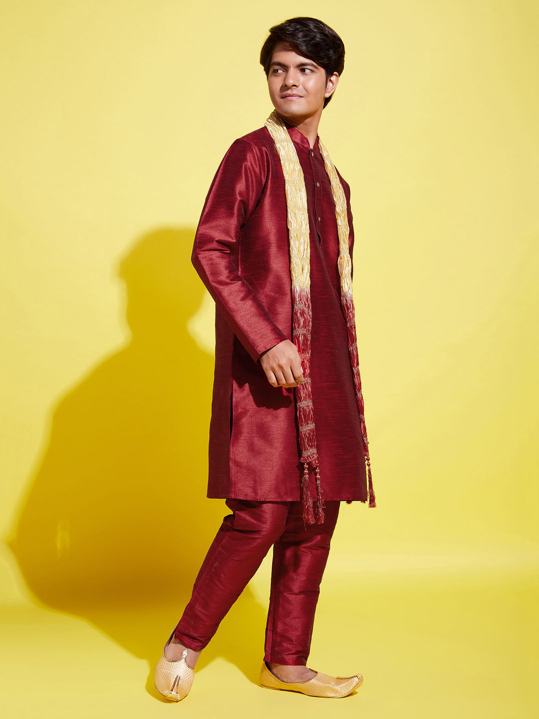 VASTRAMAY Boys' Maroon Cotton Silk Kurta, Pyjama & Dupatta Set - qivii