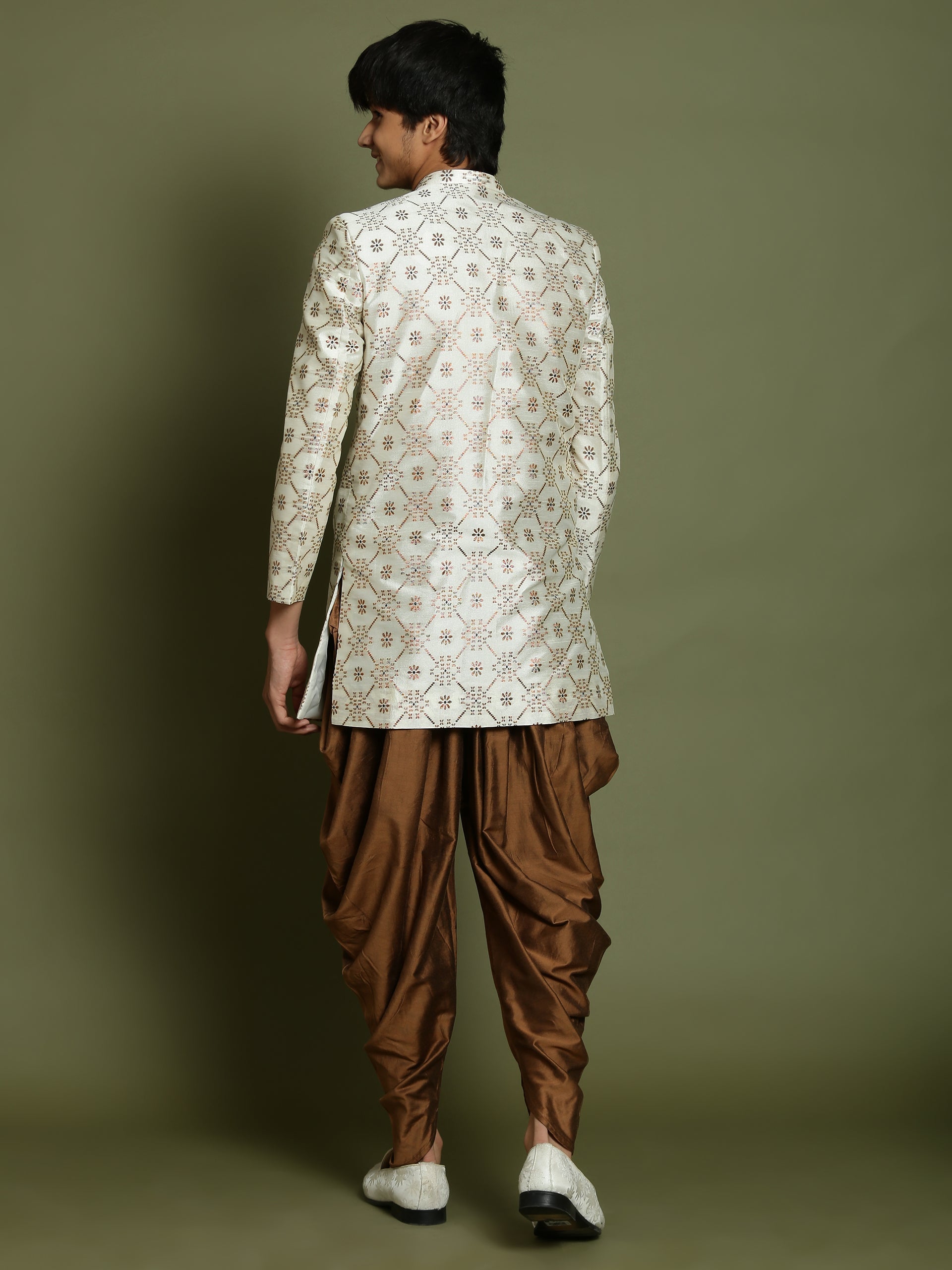 VASTRAMAY Boys Beige And Coffee jacquard Sherwani Set - qivii