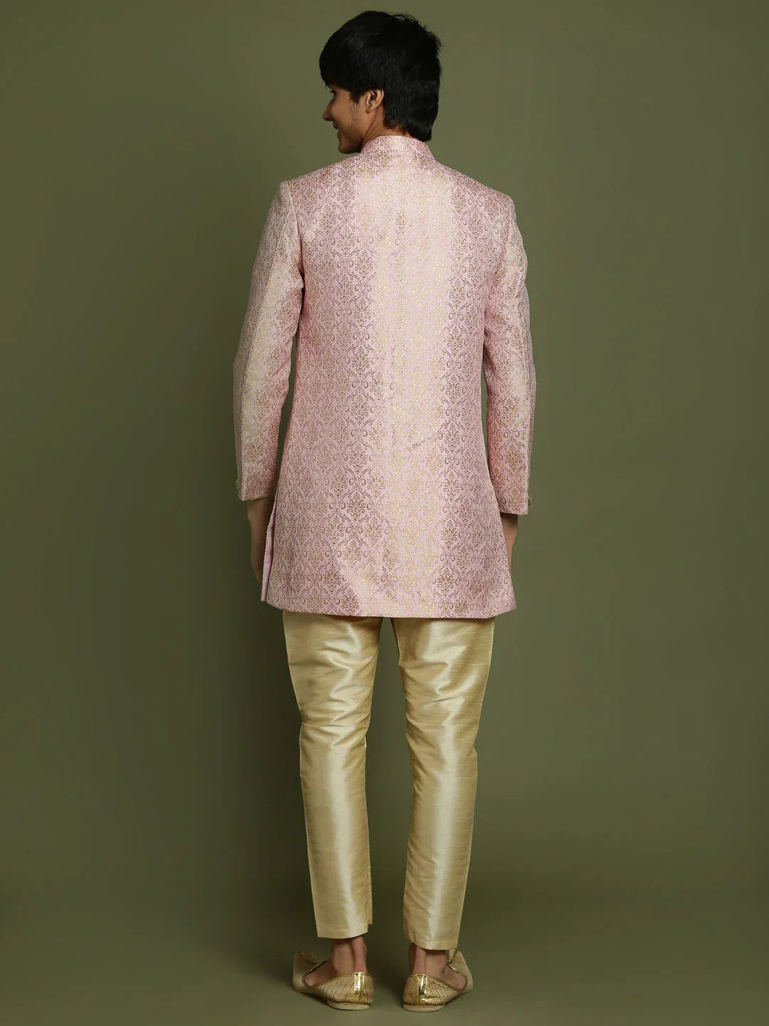 Boy's Pink & Gold-Colored Woven-Design Brocade Slim Fit Sherwani Set