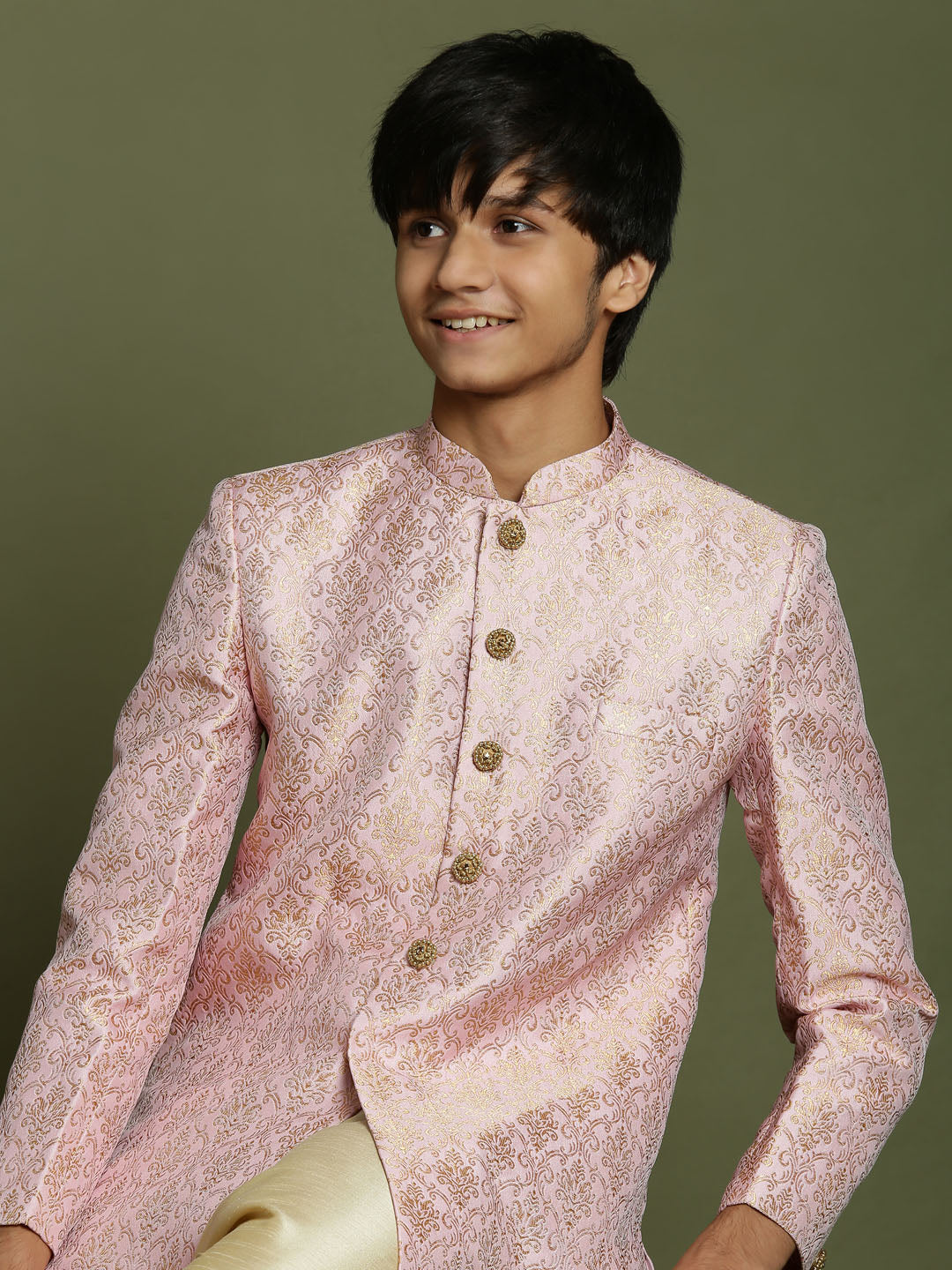 VASTRAMAY Boys Pink & Gold-Colored Woven-Design Brocade Slim Fit Sherwani Set - qivii