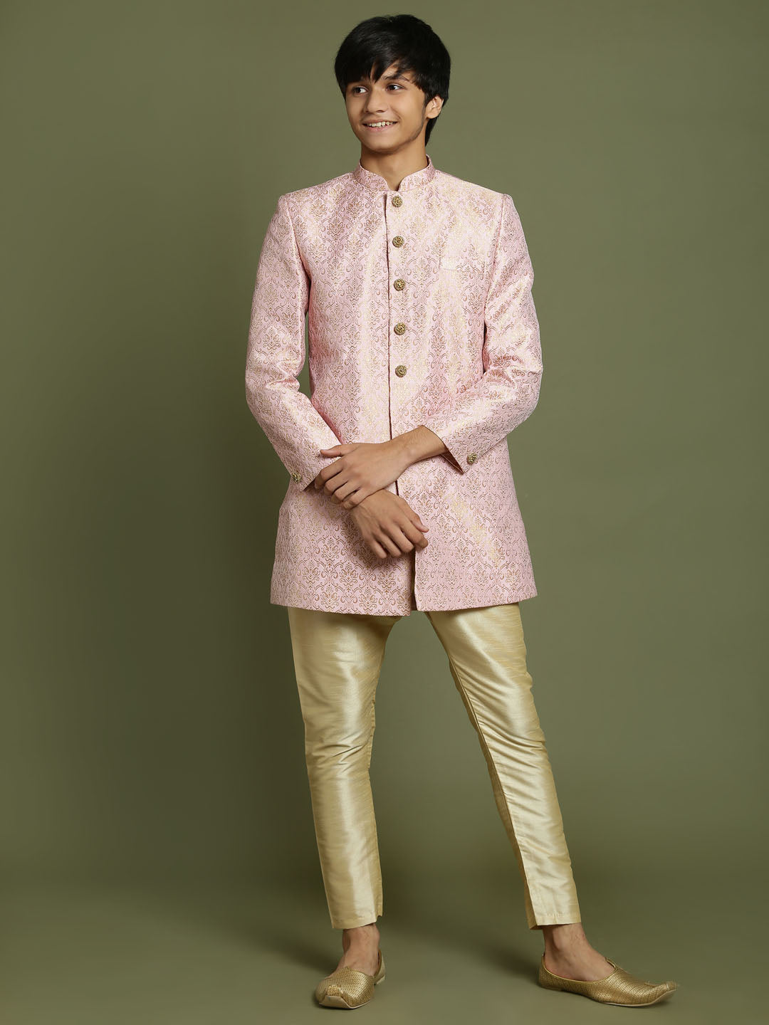 VASTRAMAY Boys Pink & Gold-Colored Woven-Design Brocade Slim Fit Sherwani Set - qivii