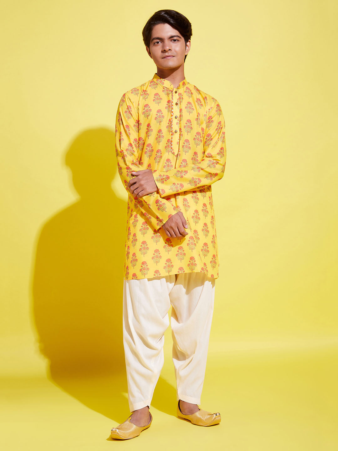 VASTRAMAY Boys' Multicolor-Base-Mustard And Cream Kurta Patiala Set - qivii
