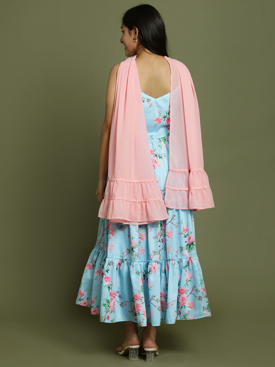 Yuva By VASTRAMAY Girl's Aqua Floral Print Anarkali With Pink Dupatta - qivii