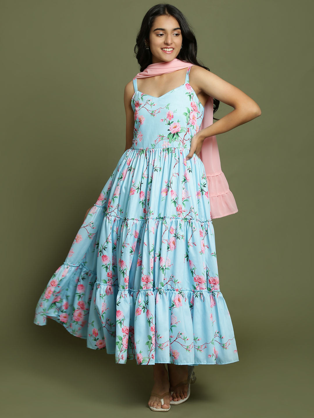 Yuva By VASTRAMAY Girl's Aqua Floral Print Anarkali With Pink Dupatta - qivii